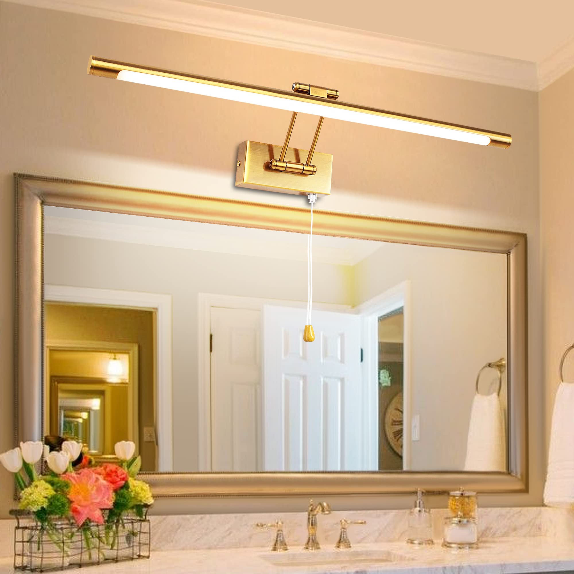 MantoLite Lampade da Parete per Interni 12W, Specchio da Bagno LED Applique da Parete con Testa Della Lampada Girevole per Camera da letto, 3000K Hotel Restaurant Lampada(960LM Ottone,60CM) Dritto-ottone 60cm