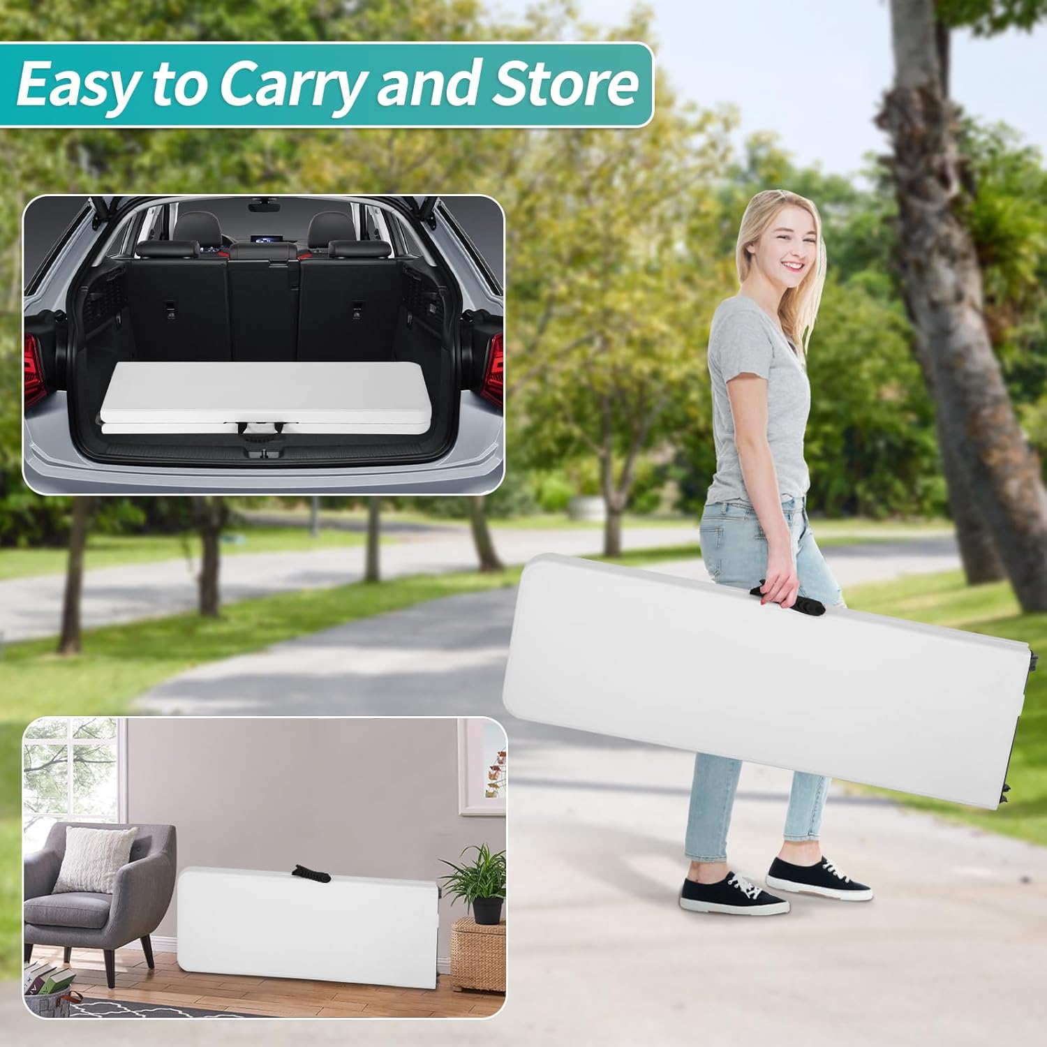 6 Feet Folding Bench Seat Plastic Portable with Metal Legs, Outdoor Rustic Practical Bench w/Handle & Lock, 3-4 People Sturdy Seat for Indoor/Outdoor Party Garden Camping Dining Picnic Use 2 Pack