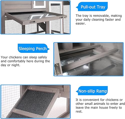 Miniatura 6 de Gallinero de madera para gallinero en el patio trasero, interior y exterior para 2-3 pollos, jaula de aves de corral de 2 pisos con carrera, caja