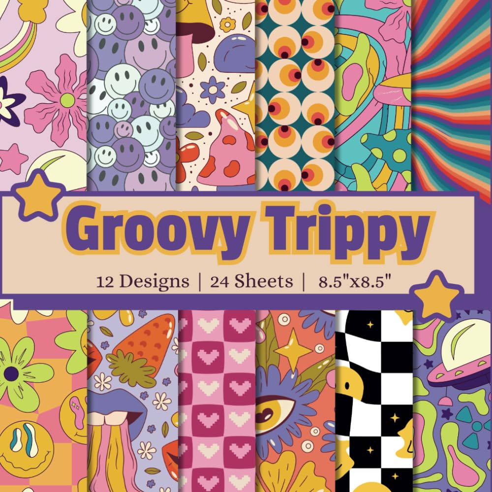 Groovy Trippy Scrapbook Paper Craft Pad: 12 Psychedelic Designs, 24 Double-Side Sheets Printed on 8.5"x8.5" Sized Paper With Premium Bright Colors. ... Collage, Cardstock, Gift Wrapping and More!