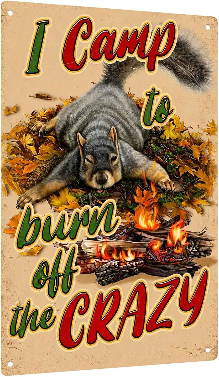 I Camp To Burn Off The Crazy Funny Squirrel Camping Aluminum Metal Sign 8X12 Inch, Vintage Wall Decor For Camper, Outdoor Lover, Enthusiast, Cabin Owner