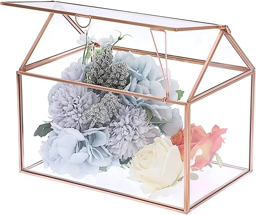 ELLDOO Caja de tarjeta de boda de cristal de oro rosa de 8.8 pulgadas, cajas de regalo de cristal, terrario geométrico transparente con tapa, caja