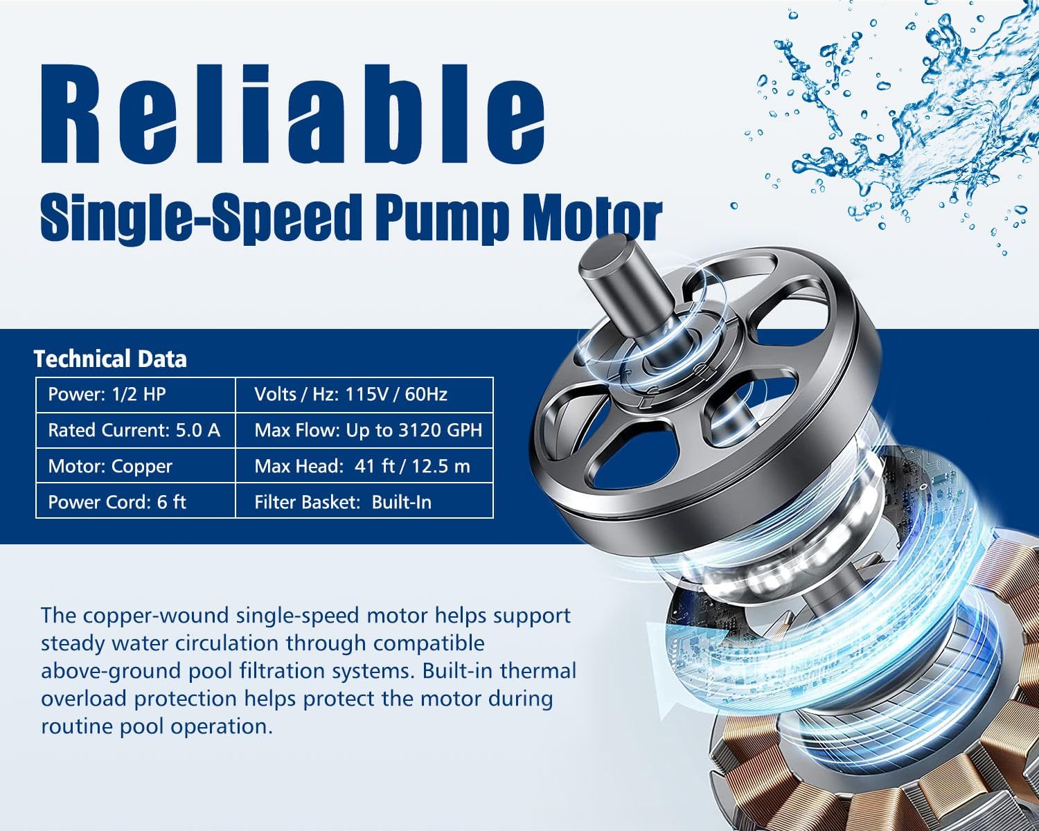 Technical data for choosmo 1/2 HP pool pump including power, voltage, current, max flow, max head, motor type, power cord length, and filter basket type.