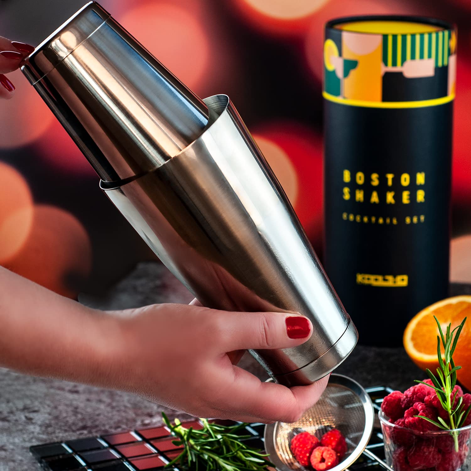 Shaker Boston Professionnel Kit Barman, Coffret Cadeau Original Personnalisable Femme Homme Couple, Set Cocktail Mojito avec Accessoires Bar, Shakers INOX Tin on Tin, Service Cocktails Complet Pro
