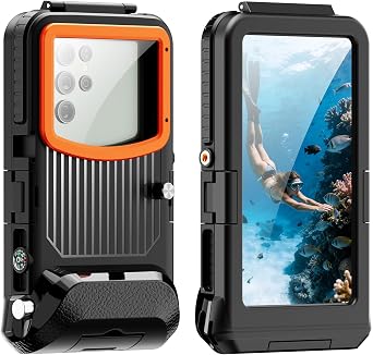 Waterproof Case Underwater Phone Housing for Scuba Dive Snorkeling15M | for Samsung Galaxy Pixel Moto 5.4-6.9 Inch Screen Size with Right Side Volume Buttons, Black Orange