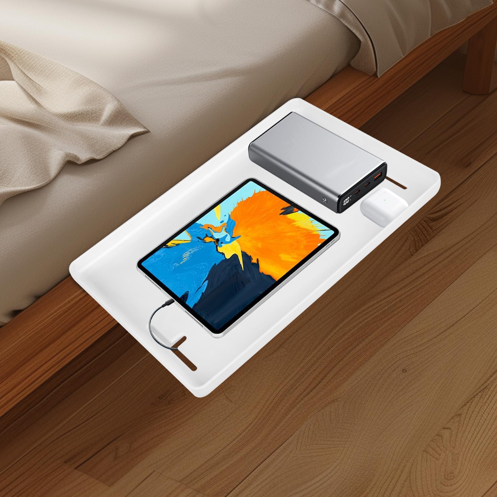 Nachttisch Regal,Nachttischregal für Bett, Aufsteckbare Bettablage mit Kabelschlitz, Nachttischregal,Clip-On-Nachttisch,Tablett-Organizer,College-Wohnheim (Weiß)