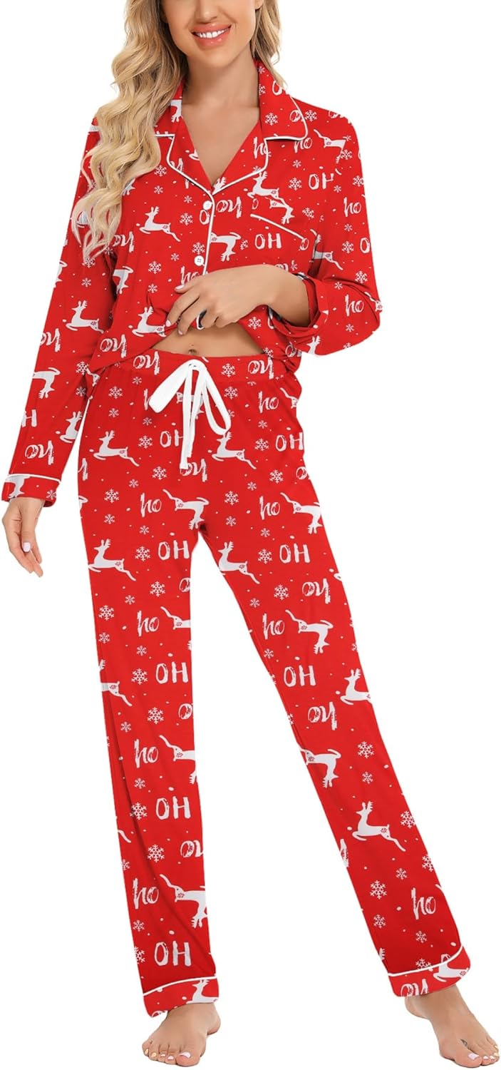 Leikar Button Up Pajama Set For Women Long Sleeve Shirt And Pajama Pants Soft Pjs Lounge Sets