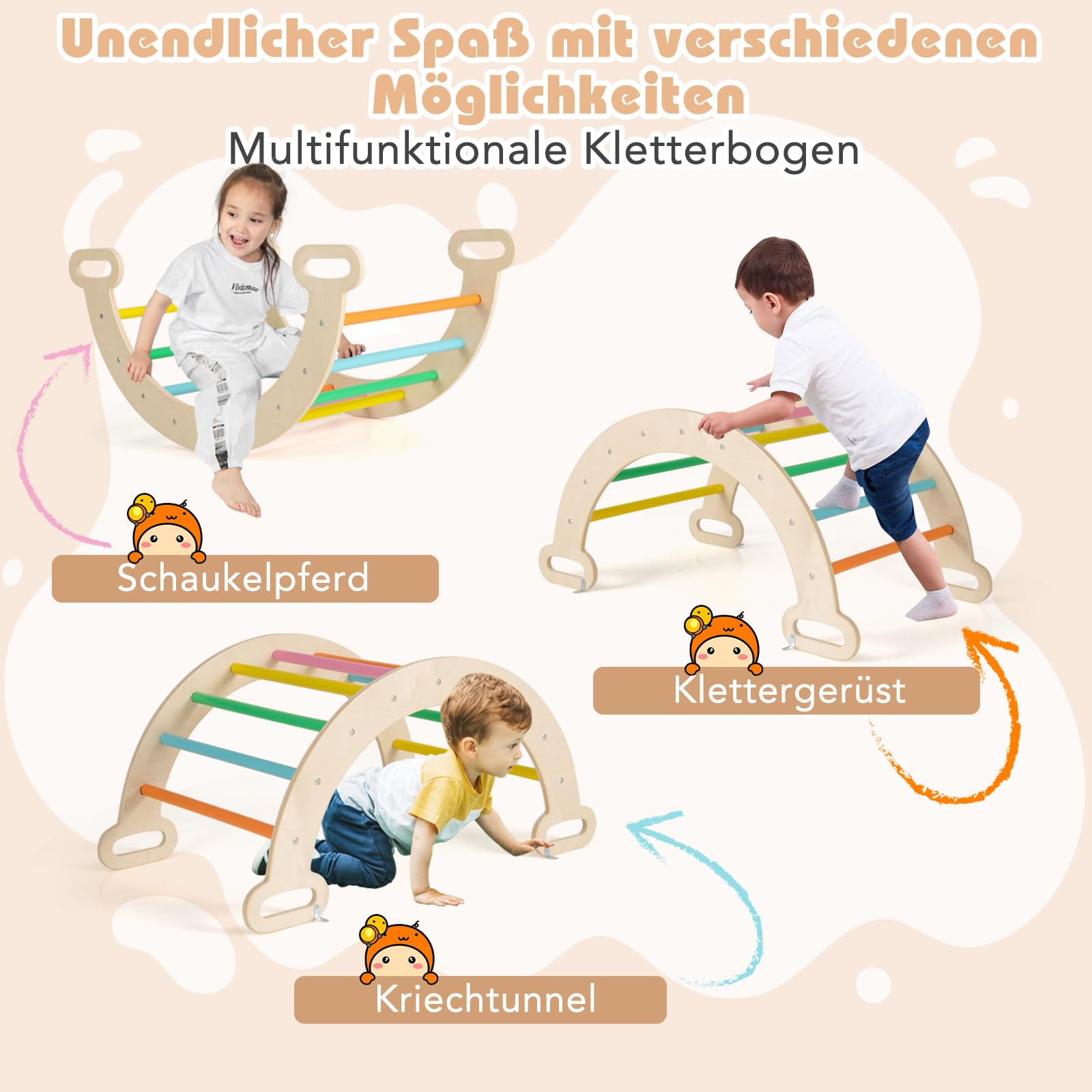 COSTWAY Klettergerüst Indoor, inkl. Kletterdreieck & Kletterbogen & Rampe, Indoor Spielgeräte Holz, Sprossendreieck Frei kombinierbar, Klettern Kinder Indoor ab 1 Jahr (Bunt)