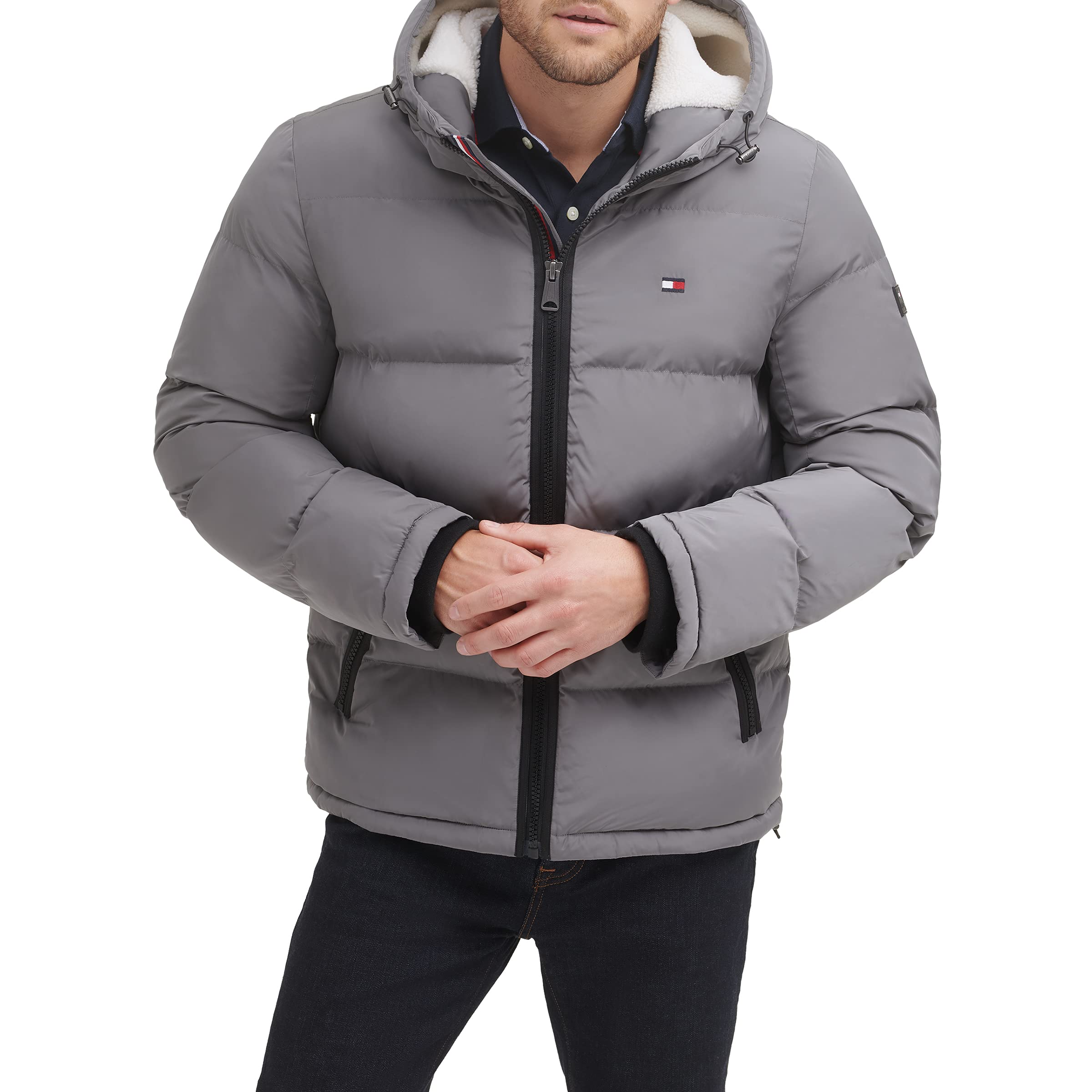 Tommy Hilfiger Men's Classic Hooded Puffer Jacket (Standard and Big & Tall) Down Alternative Outerwear Coat, Smoke Poly Tech, XXL
