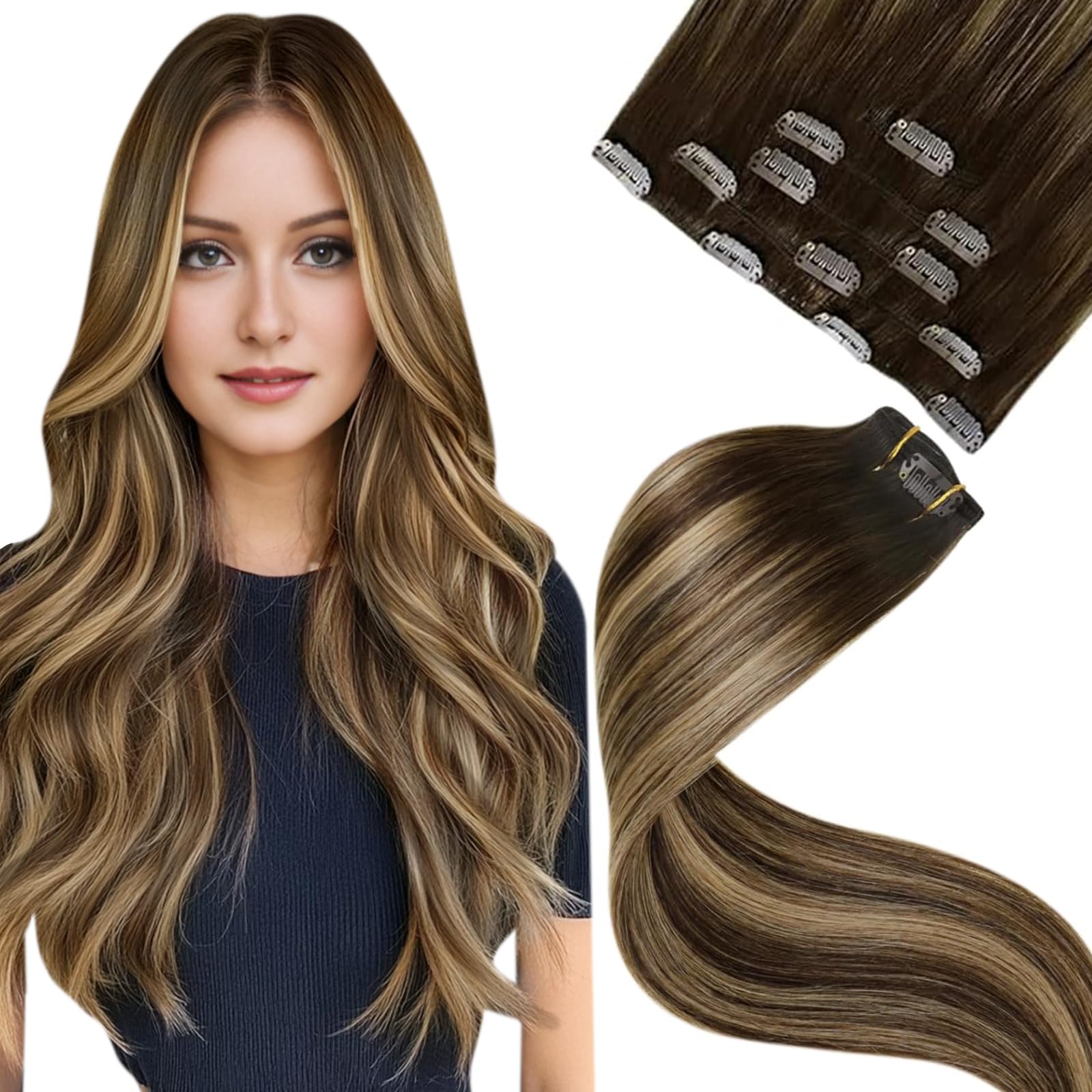 LaaVoo Hair Extensions Clip in Real Human Hair Brown Clip in Hair Extensions Dark Brown Full Head 16 Inch 120g 7pcs Remy Straight Hair Double Weft #4 — view 93