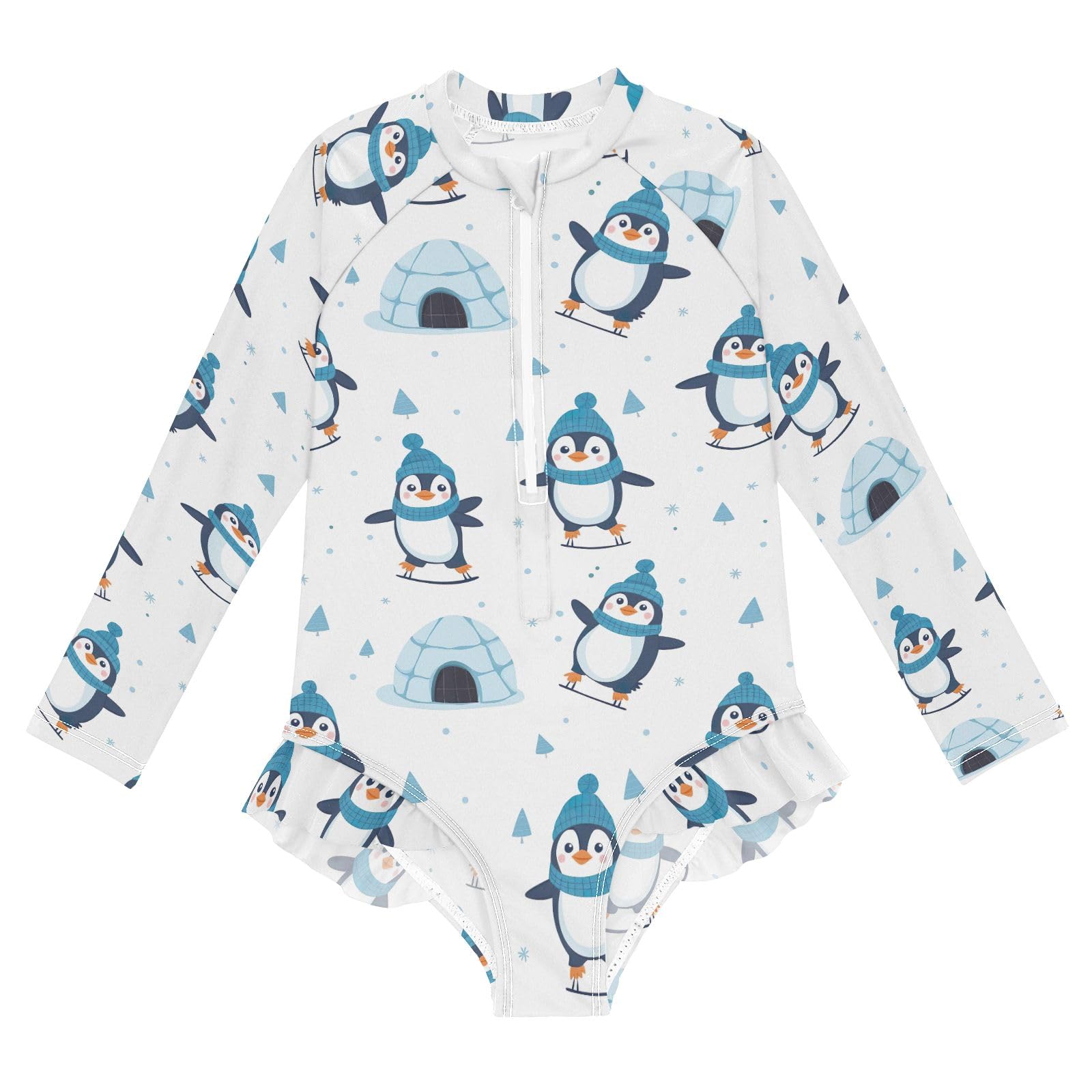 CHIFIGNO Cute Penguins Blue Hats Rashguard One Piece Swimsuits Girls Quick Dry Girls' Swimwear Sport Bathing Suit UPF 50+, Size 11-12