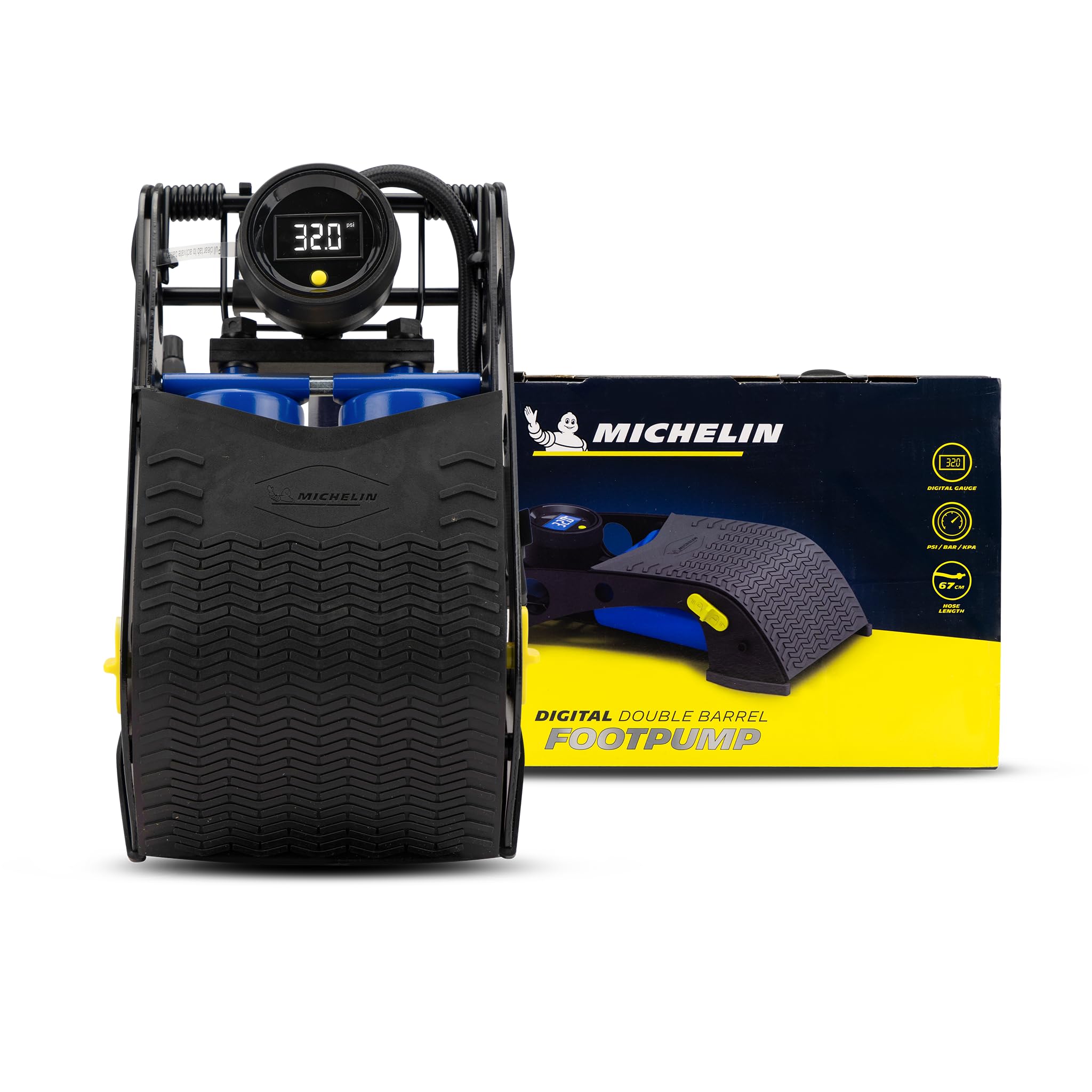 Digital Double Barrel Foot Pump - Heavy Duty Football Pump Inflator with Tyre Pressure Gauge and Adapters - Footpump for Car Tyres, Balls and Inflatables