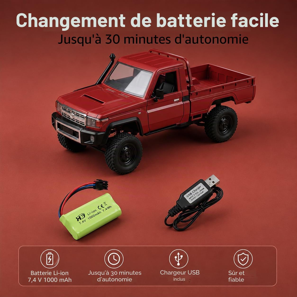 Toyota Land Cruiser | Voiture télécommandée RC 1:12 | 4WD Crawler Pickup | Commande 2,4 GHz 100 m | Lumière LED | Li-Ion 7,4 V 500 mAh 30 min | Kit complet RTR tout-terrain (Rouge)