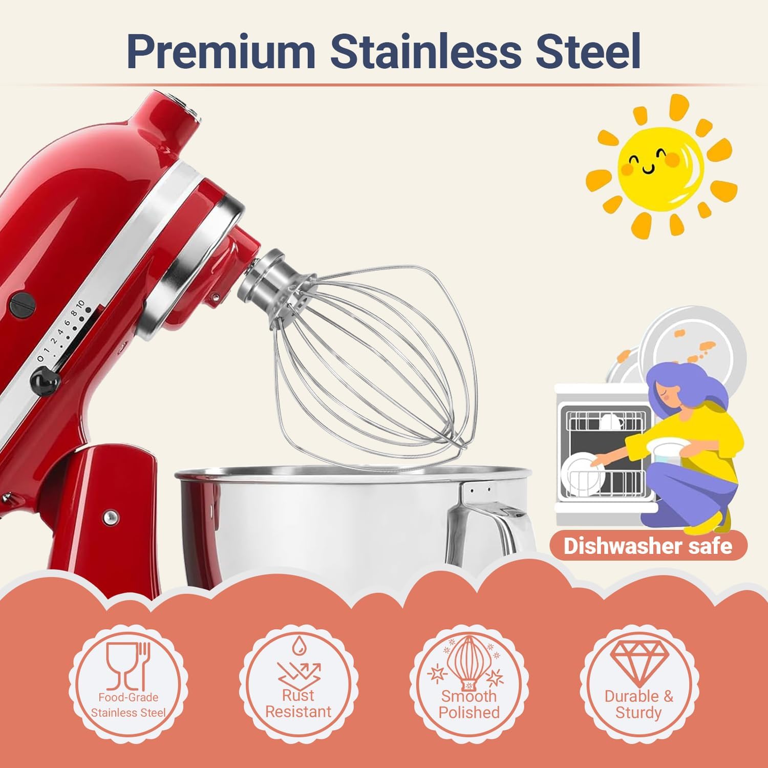 Whisk Attachment Stainless Steel Wires Whip Dishwasher Safe K45WW Parts Fits 4.5 Quart and 5 QT KitchenAid Tilt-Head Stand Mixer