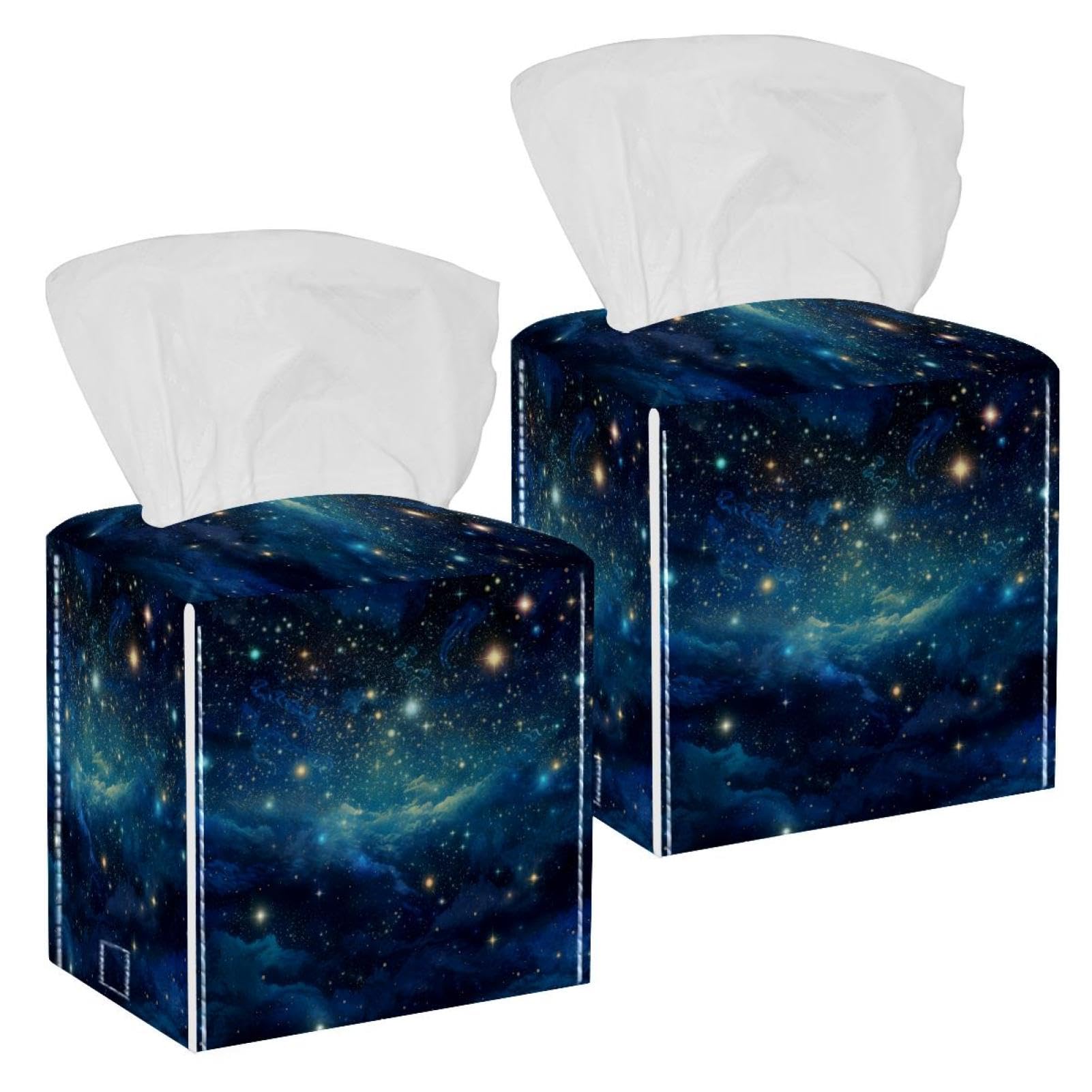 Starry Sky Star Tissue Box Cover, 2 Pack PU Leather Square Facial Tissue Dispenser Box holder for Home Office Car