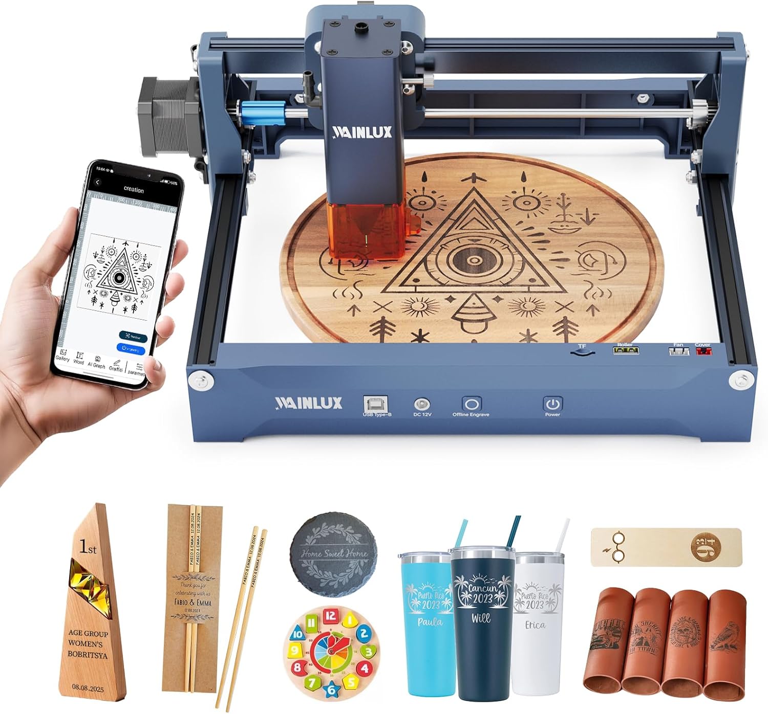 Laser Engraver,WAINLUX X2 5W Laser Engraver Machine with Air Assist, 5000mm/min High Precision Engraving Area 200 * 150mm DIY Laser Cutter and Engraver for Wood|Leather|Acrylic|Glass|Class1