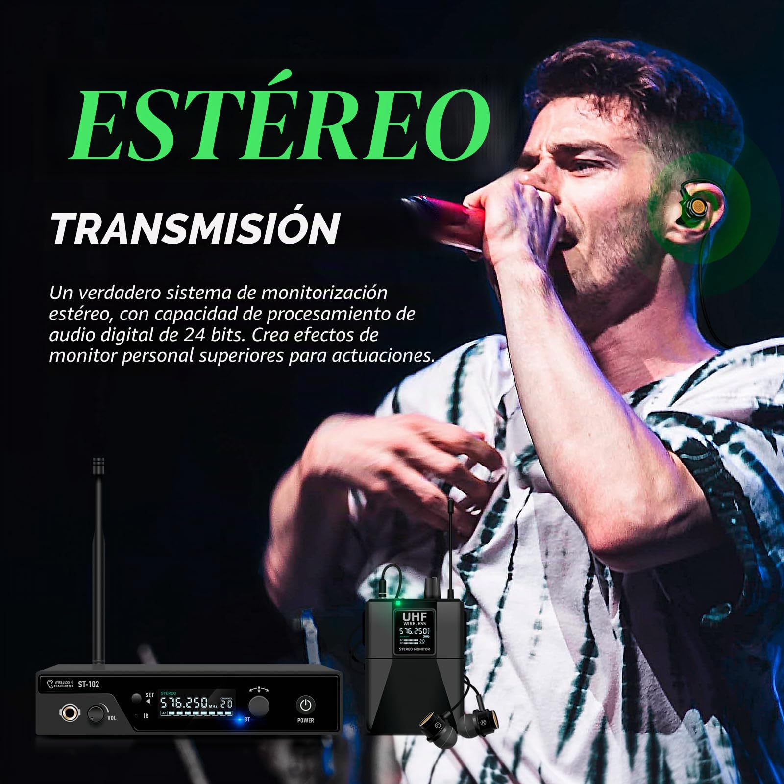 D Debra Sistema In-Ear UHF, Monitorización Estéreo, IEM Profesional, 2 Bodypack, Sin Interferencias, 80m, para Escenario y Estudio