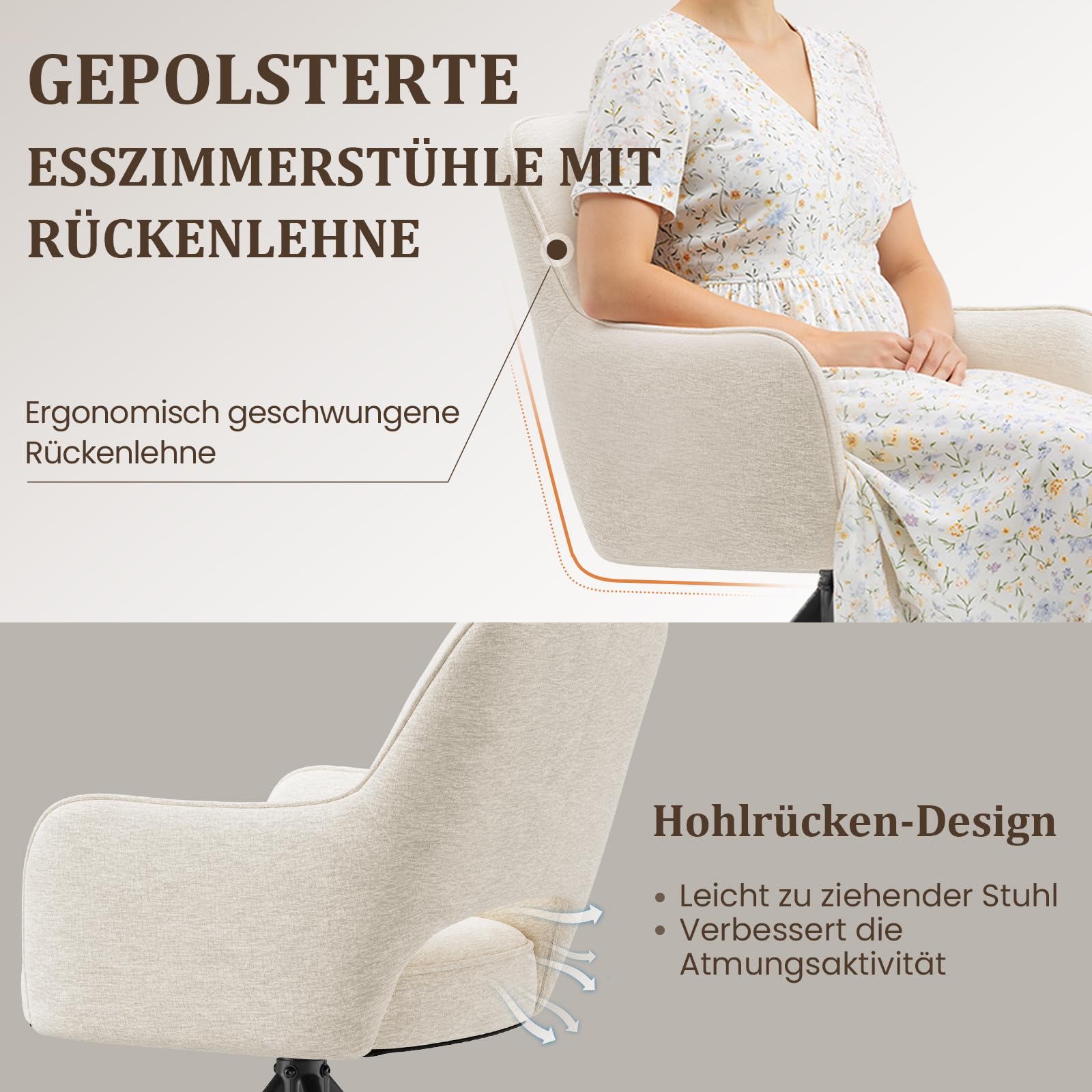 COLAMY Drehbare Esszimmerstühle 4er Set mit Armlehnen, Drehbare Polsterstühle für Küche & Esszimmer aus weichem Florstoff mit Metallgestell und Rückenlehne, für Esszimmer, Küche, Büro,Beige