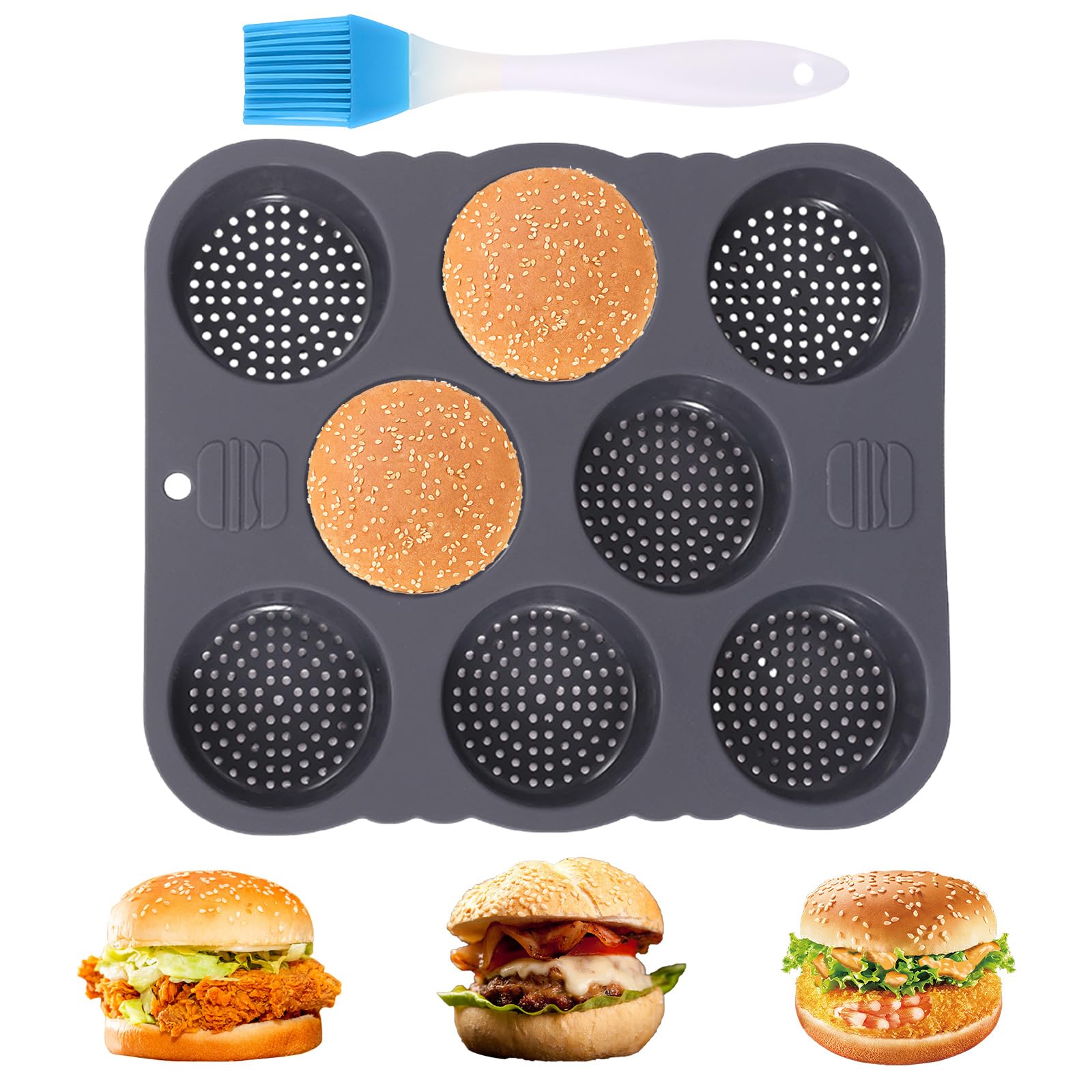 Lot de 8 moules à chignon en silicone pour hamburger - Pliable - Antiadhésif - Avec brosse à huile - Réutilisable