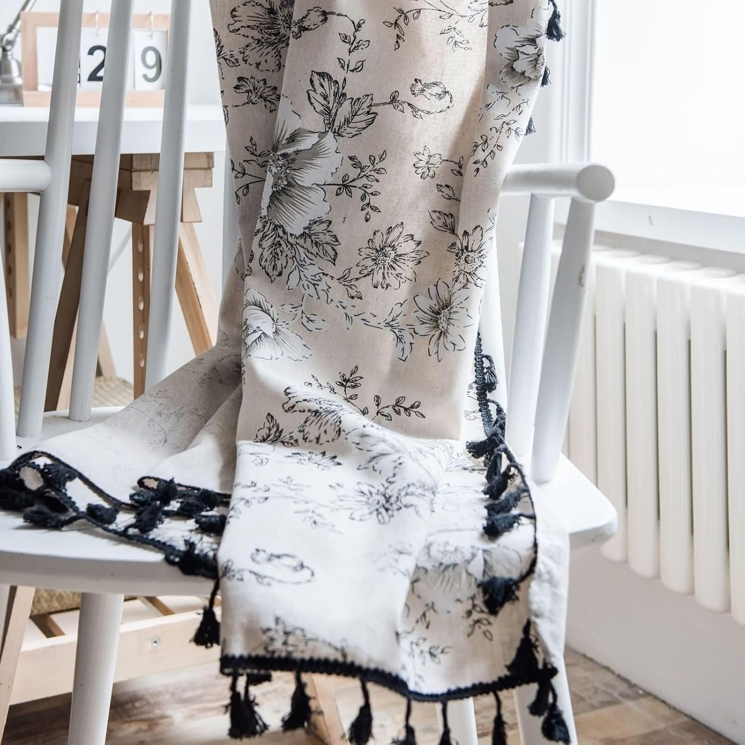 Draperies Sheer 2 Panels Set 2 x 59 W x 71" H,Window Curtains Sheer Black Beige Flower with Tassels Darkening Curtain Eyelet