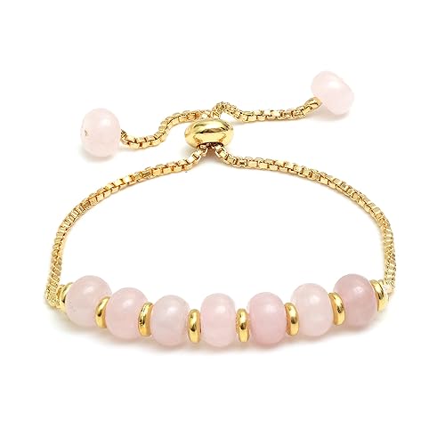 Gempires Natural Rose Quartz Bolo Bracelet - Adjustable Bracelet for Women with Smooth Beads and Gold Plating (Rose Quartz)