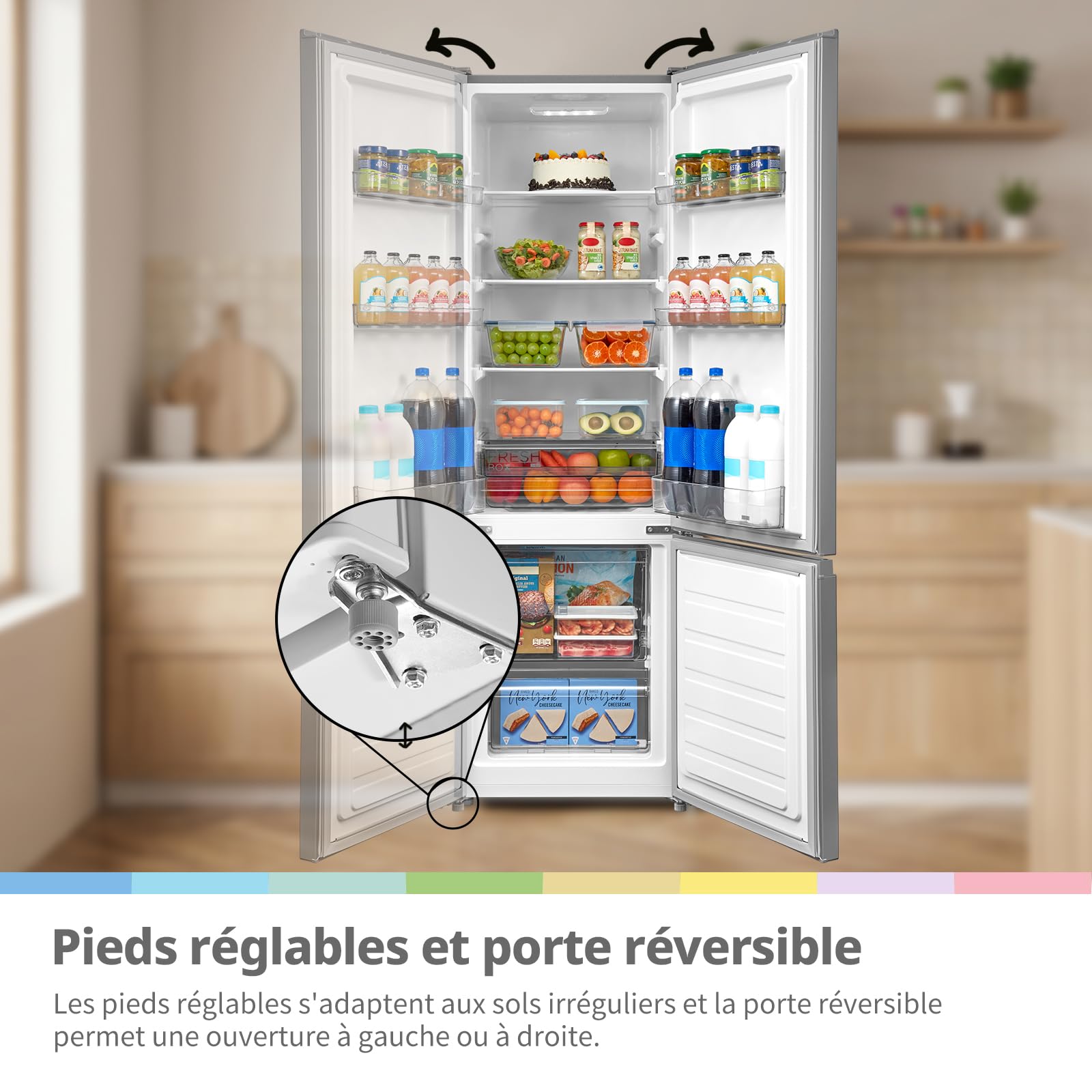 Comfee' RCB268LS2EU(E) Réfrigérateur Combiné, 262L(197+65), Grande Capacité, Low Frost, Hauteur 177,3 cm, Faible Bruit 39 dB, Éclairage LED, Température Réglable, Acier Inoxydable
