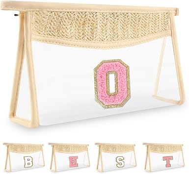 Boho Straw Clear Initial Makeup Bag, Small Cute Cosmetic Zipper Pouch Beige Chenille Varsity Letter Toiletry Bag, Monogrammed Travel Toiletry Makeup Organizer Personalized Gifts for WomenLetter O