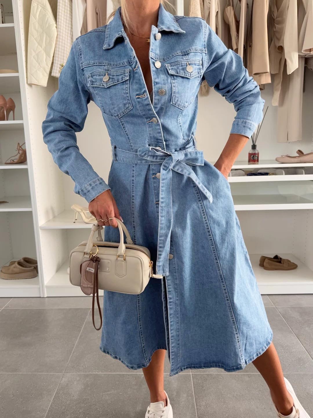 chouyatou Women's 2025 Long Sleeve Belted Denim Shirt Dress A-Line Business Casual Midi Long Denim Coat - Image 3