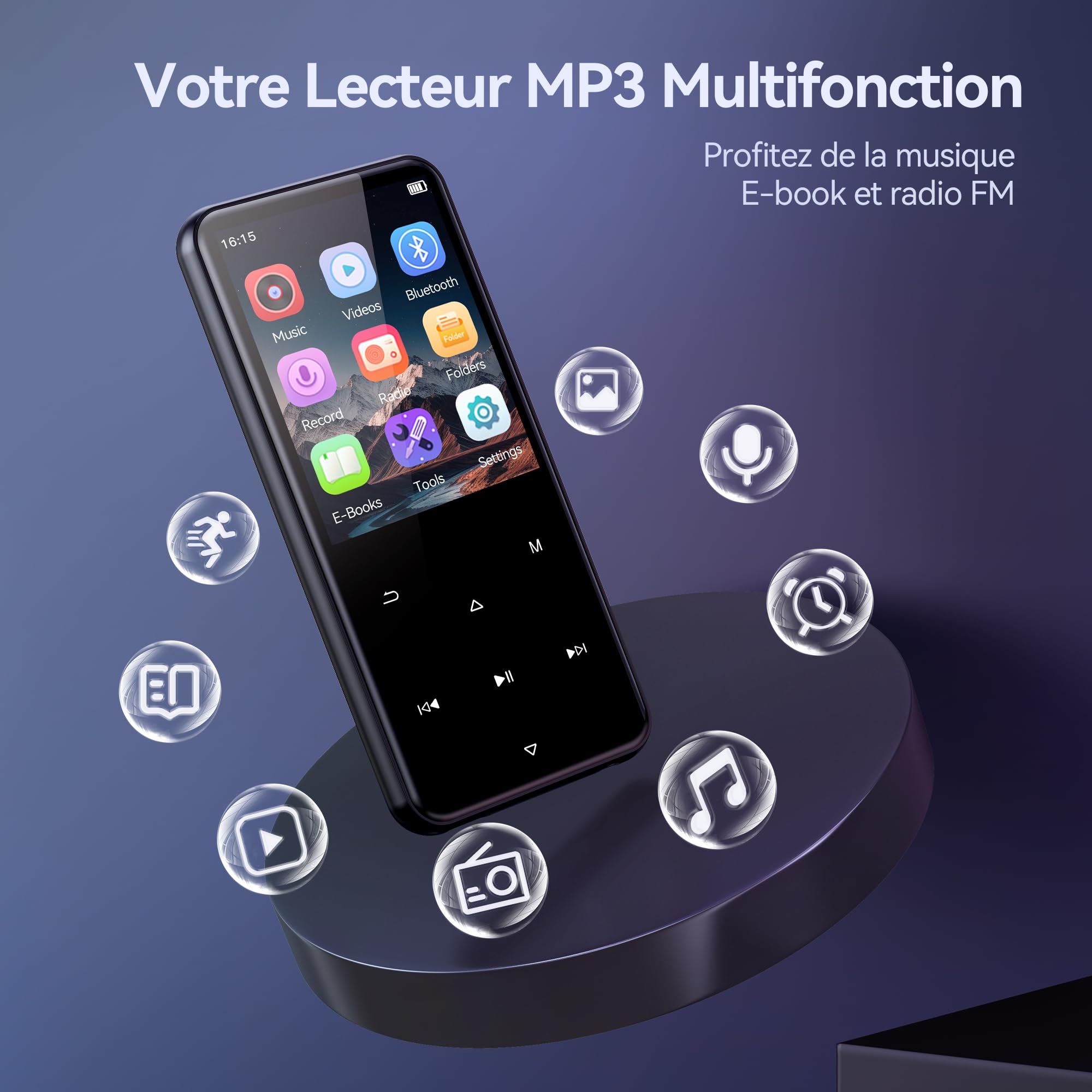 AGPTEK 64Go MP3 Bluetooth avec Haut-Parleur, 2.4" Grand Écran Lecteur MP3 en Métal Qualité Sonore HiFi Audio MP4 Baladeur Sport de Bouton Tactile Radio FM Podomètre Enregistreur 60H de Musique-Noir