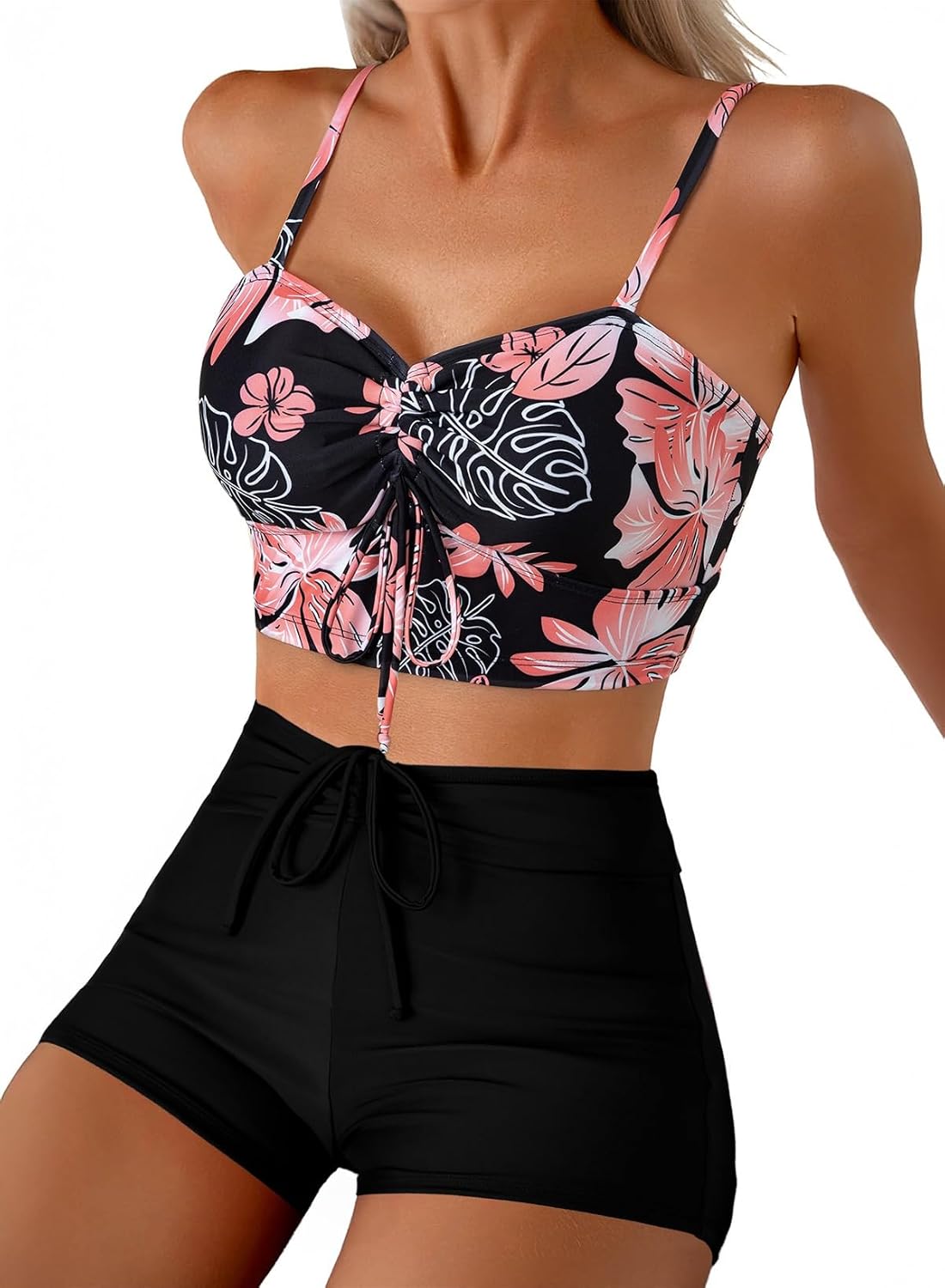 Herseas High Waisted Bikini Sets for Women Floral Print Two Piece Tummy Control Swimsuits Drawstring Short Bathing Suit