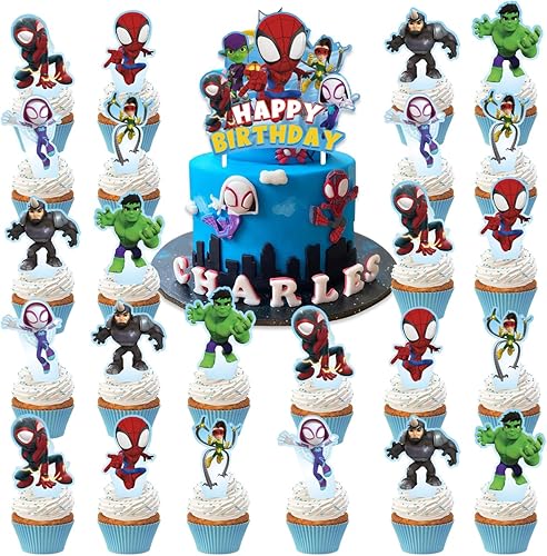 25 piezas de decoración de pastel de fiesta de Spidey y sus increíbles amigos, decoración de cupcakes de cumpleaños de Spider Friends para