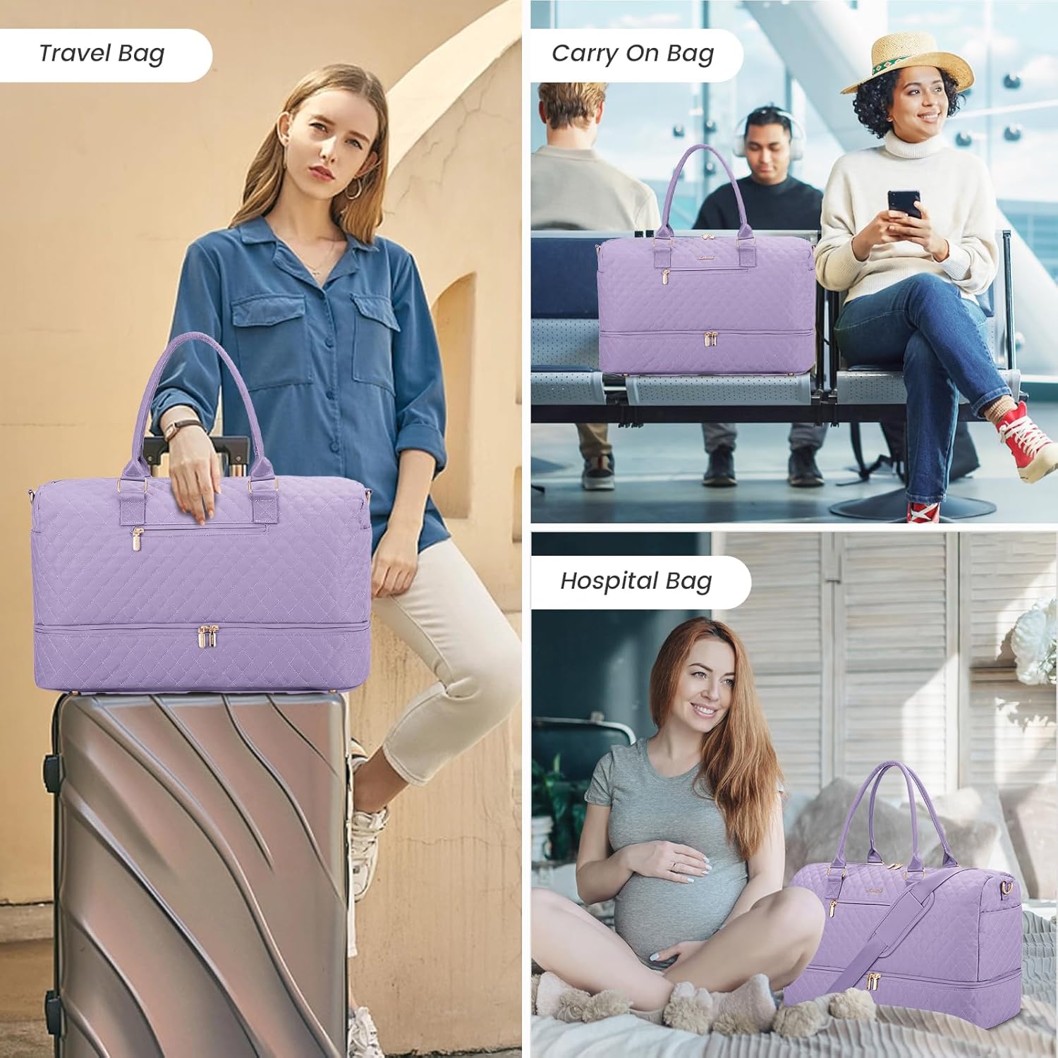 LOVEVOOK Travel Duffle Bag for Women, Weekender Overnight Bag with Shoe Compartment, Carry on Bag with Toiletry Bag, Gym Duffel Bag with Wet Pocket, Hospital Bags for Labor and Delivery 3 Pcs Set - Image 6