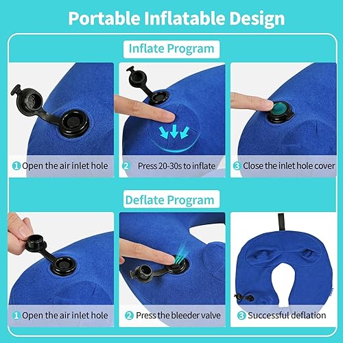 Miniatura 5 de Almohada inflable para el cuello de viaje para avión, almohada de terciopelo para el cuello para adultos para vuelo largo, kit con máscara de ojos,