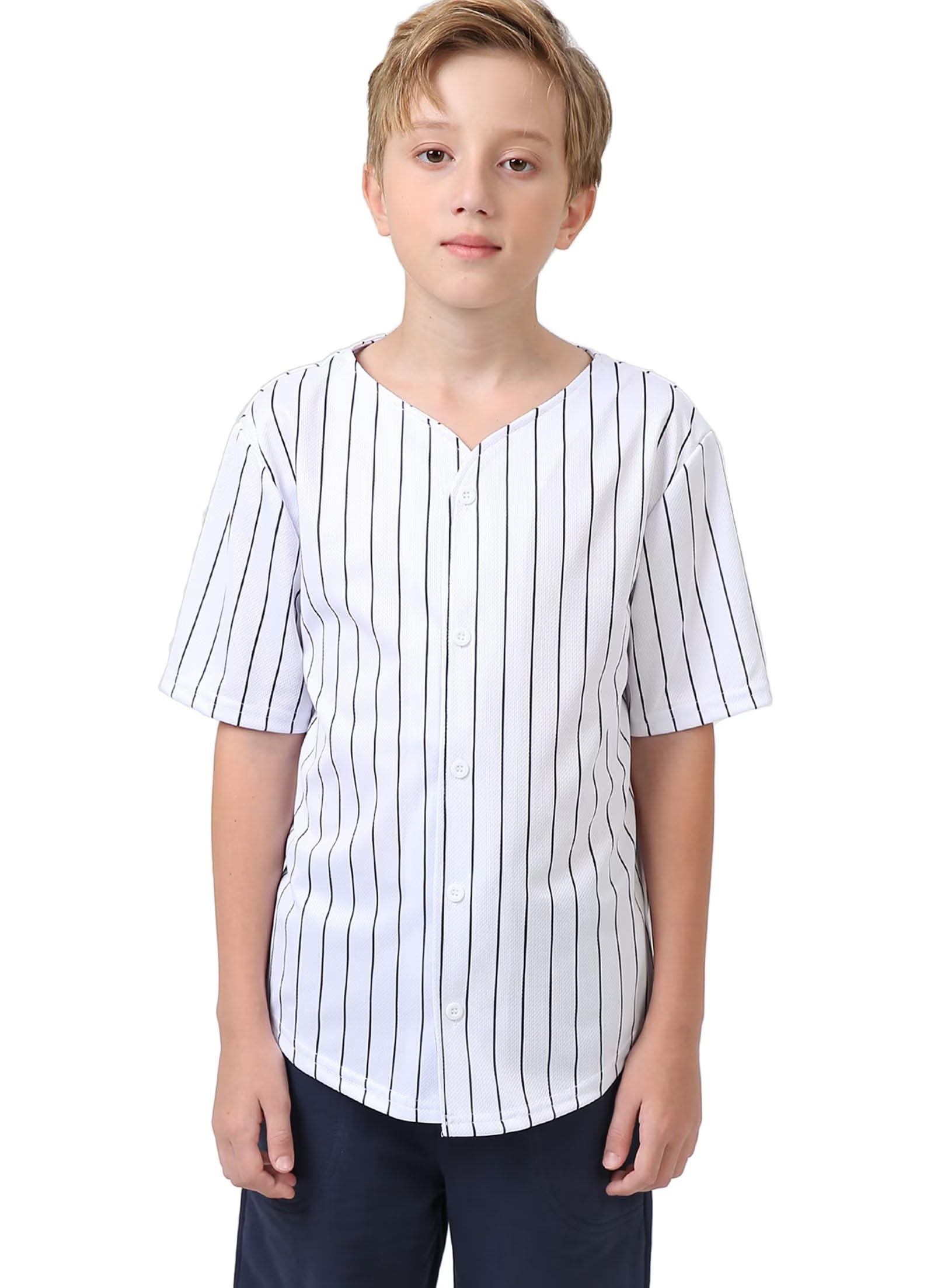 DHSPKN Kids Baseball Jersey Pinstripe Sports Softball Referee Uniform Boys Button Down Hip Hop T Shirts for Girls