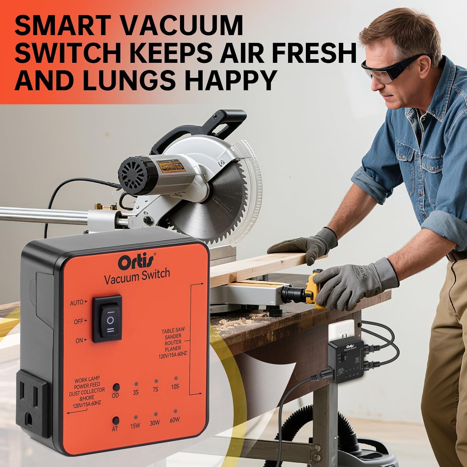 Automatic Vacuum Switch, Ortis Plug in Dust Control Autoswitch for 2 Power Tools, Auto/On/Off Modes, Adjustable Start & Delay-Off for Cleaner Air, Smoother Workflow, Orange