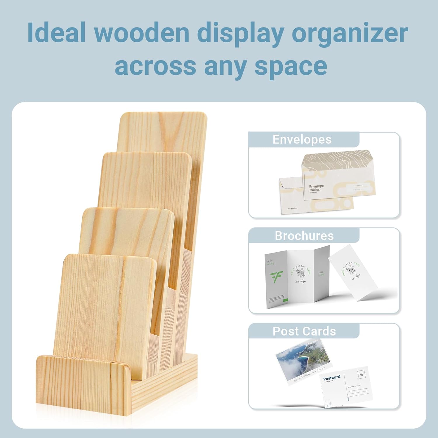 2 Pack Pine Wood Brochure Holder 4×6 Inch Literature Holder 4-Tier Countertop Trifold Flyer Display Stand Pamphlet Booklet Menu Postcard Greeting Card Organizer
