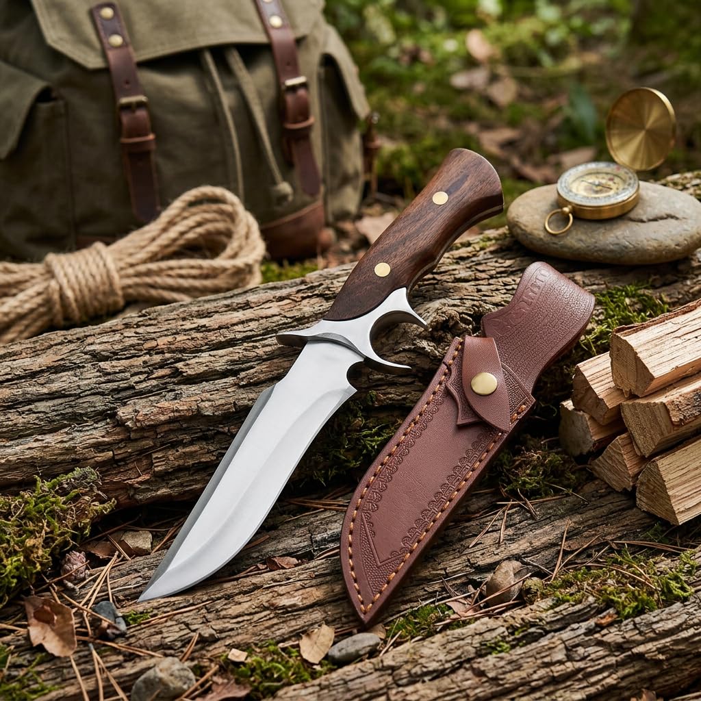 Outdoor Fahrtenmesser Feststehend - Profi Jagdmesser Scharf aus 440C Edelstahl mit Echtholz-Griff & Lederscheide - Full-Tang Survivalmesser für Camping, Bushcraft & Wandern - Geschenk für Männer