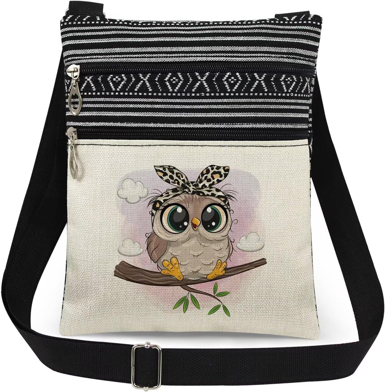 Stylish Owl with Leopard Headband Print Women Crossbody Bag Adjustable Men Shoulder Bag with Zipper Birthday Gift for Nature Lovers Travel Owl Print Purse