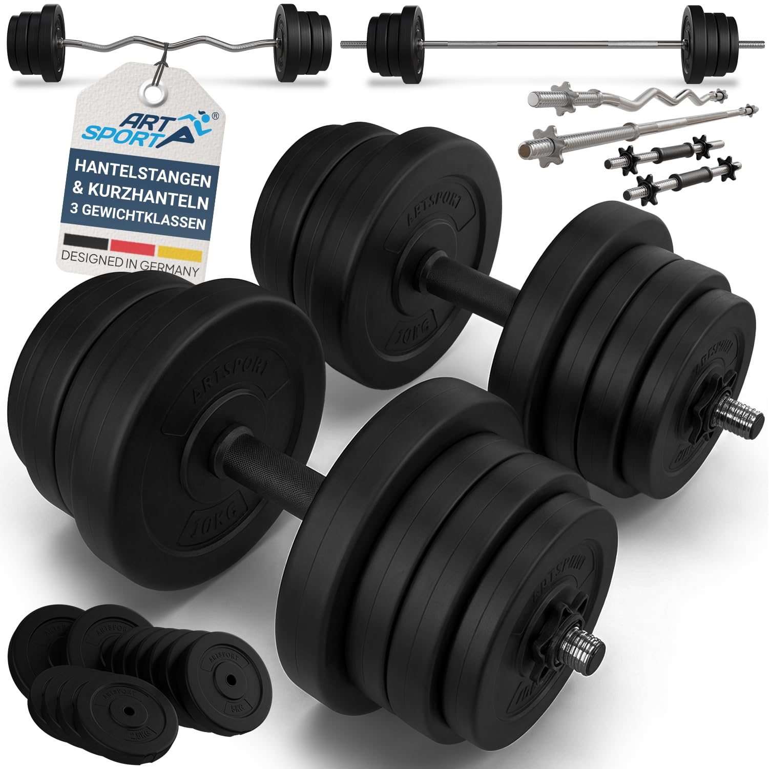 ArtSport® 3in1 Hantelset mit 2 Kurzhanteln, 1 Langhantel & 1 SZ Curlhantel - 12 Gewichte mit 60kg und Sternverschlüssen - Hantel Set Krafttraining