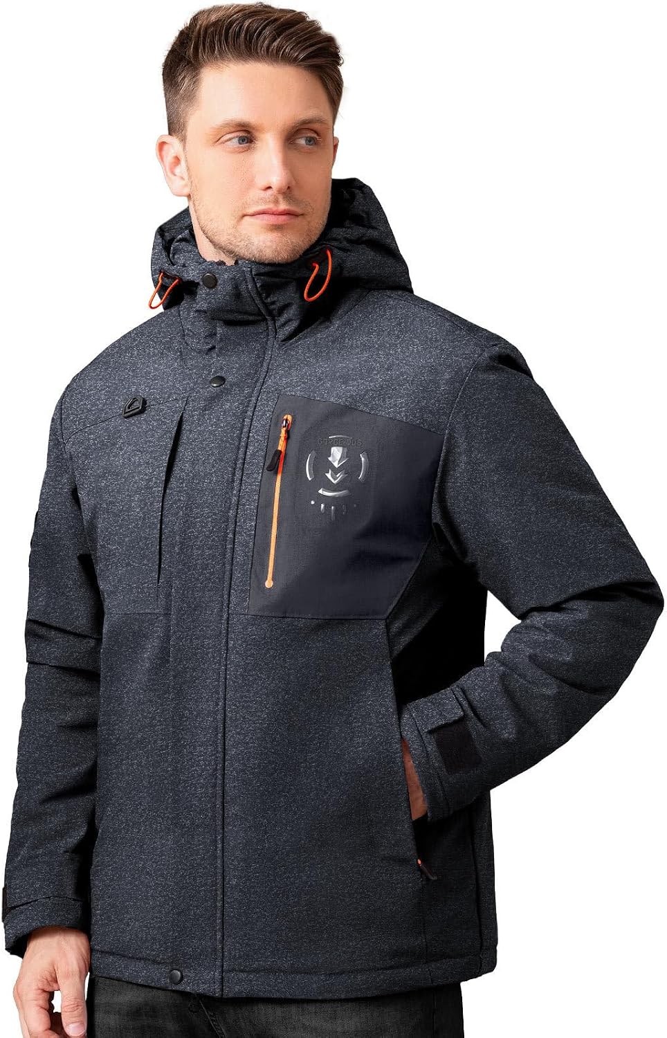 Men's Thermal Waterproof Windproof Jacket Hooded Insulated, Lightweight Winter Snow Coat with Multiple Pockets