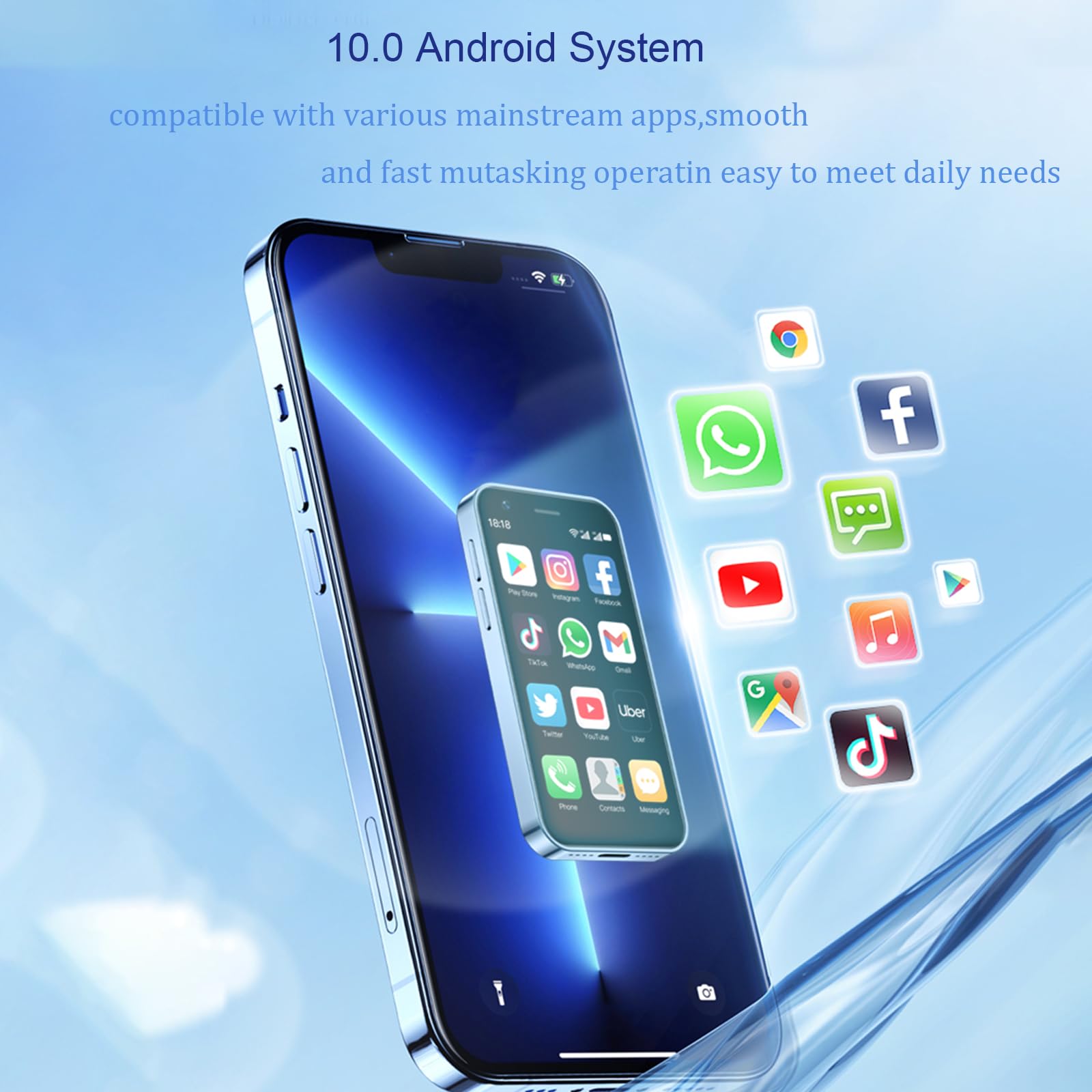 Longben Mini cellulare 4G con schermo da 3,0 pollici, Dual SIM, batteria 2000mAh, sistema Android 10.0, dispositivo compatto portatile come telefono di riserva (Blu, 3GB+64GB)