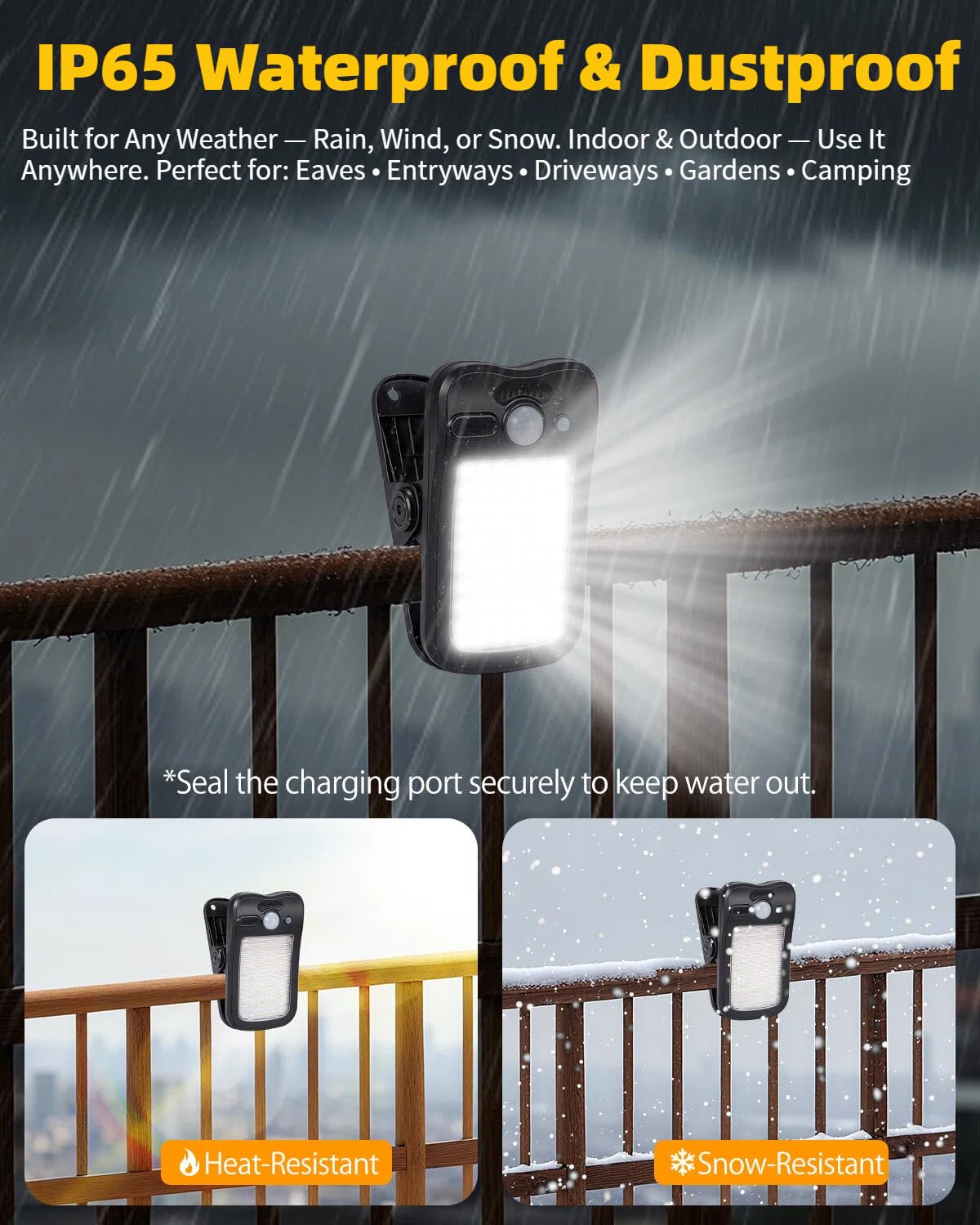 Solarleuchten mit Bewegungsmelder zum Anklippen, für den Außenbereich, mit Fernbedienung, 4 Stück, solarbetrieben und USB-Aufladung, 60 LEDs, 3 Farbtemperatur, 3 Modi, wasserdichte