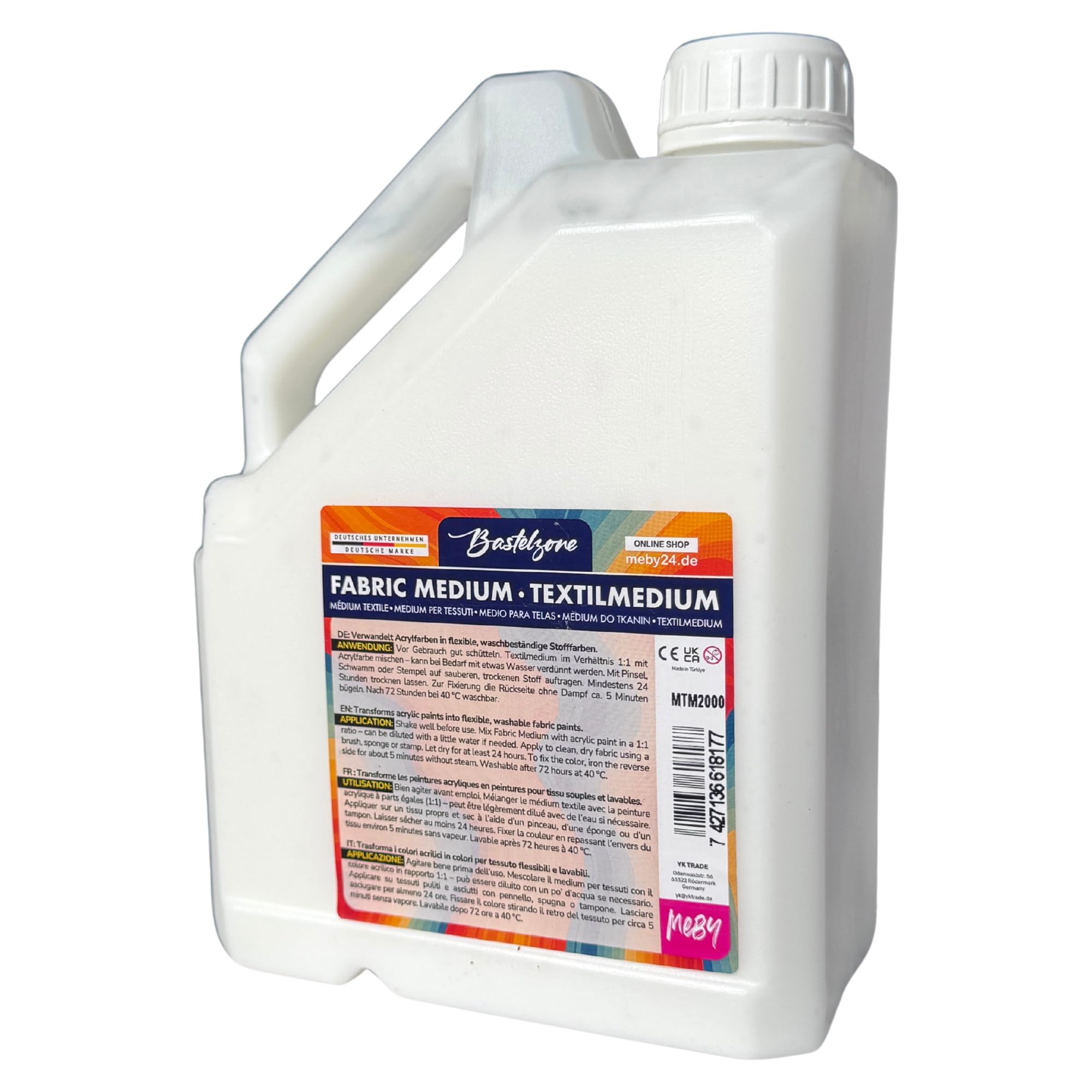 MEBY Textilmedium 2 Litri. Trasforma i colori acrilici in colori per tessuti. Maggiore aderenza sui tessuti. Resistente al lavaggio in lavatrice e alla lavastoviglie. Medium per dipingere su tessuto