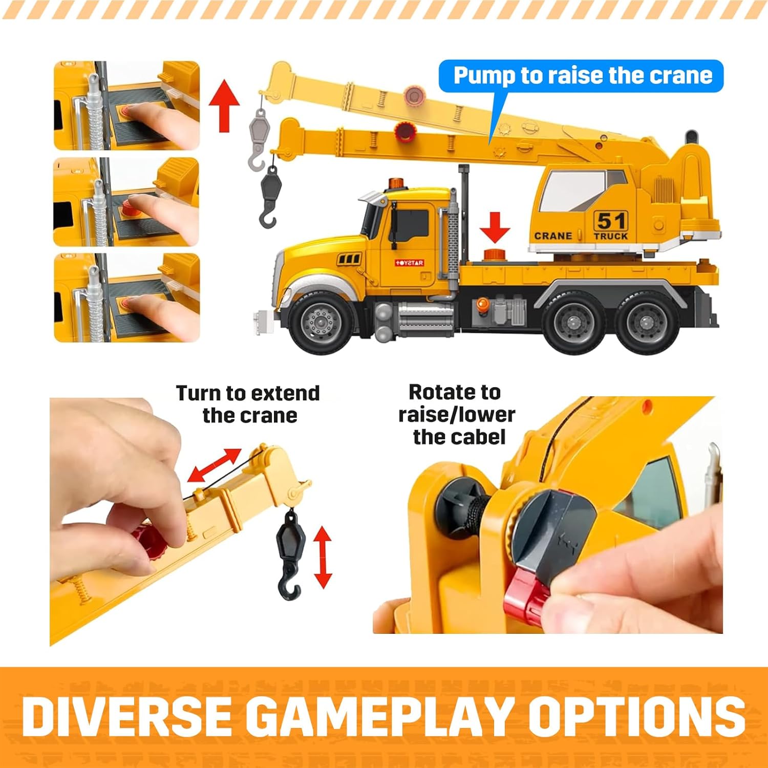 15” Crane Truck Toy with Lights & Sounds, Friction-Powered Engineering Vehicle for Toddlers 3-8 Years Boys Girls | Crane Toys for Kids Age 3-5 4-7, Ideal Christmas Birthday Gifts