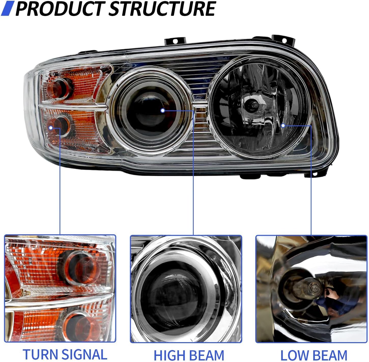Headlight Assembly Fit for 2008-2018 Peterbilt 388-389, Halogen Headlights Headlamps W/Bulbs Chrome House (Left/Driver Side)