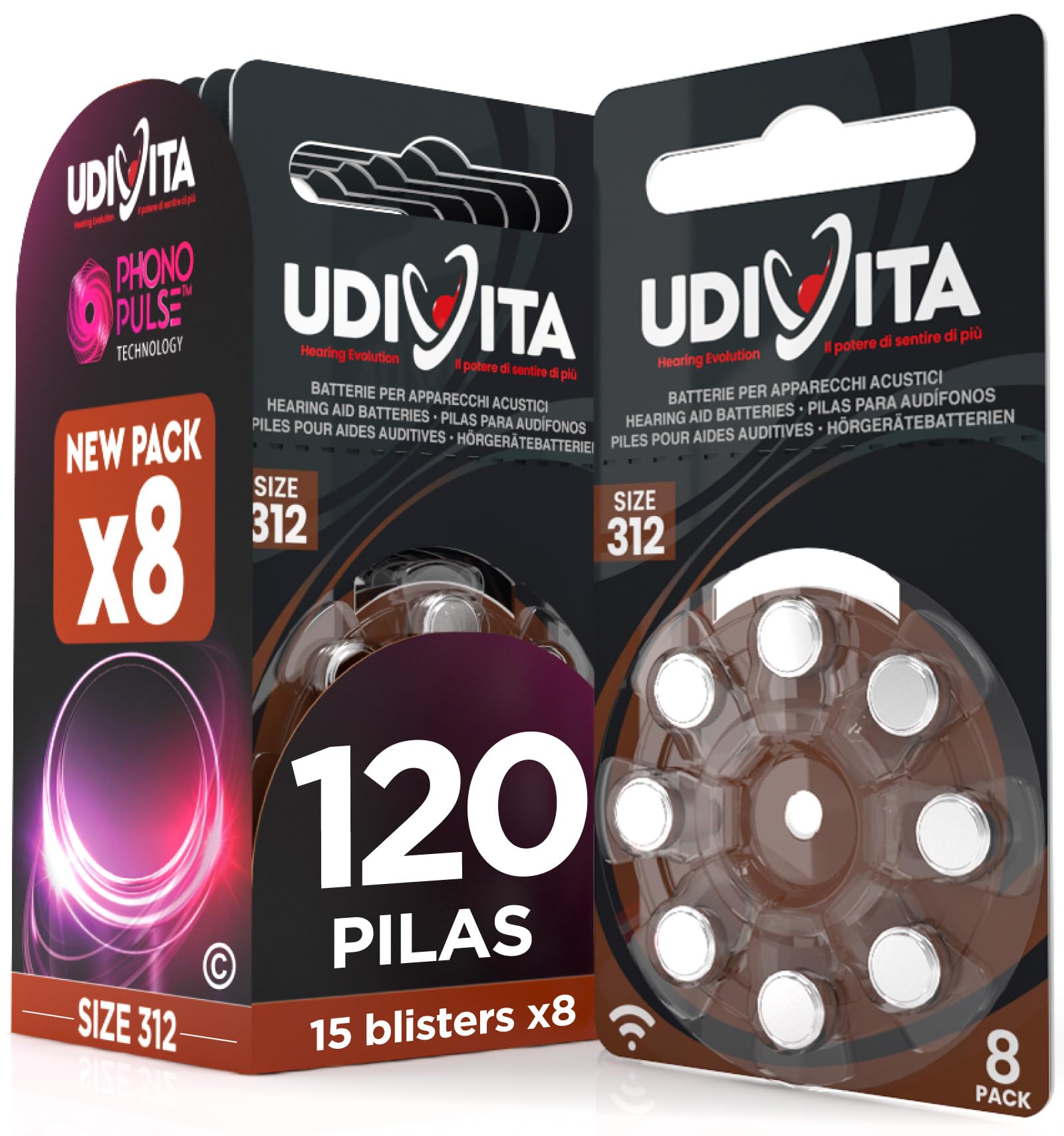 120 Pilas para Audífonos Tamaño 312 Udivita PR41 (Marrón) Zinc-Aire Hearing Evolution - 15 Blísteres de 8 Pilas