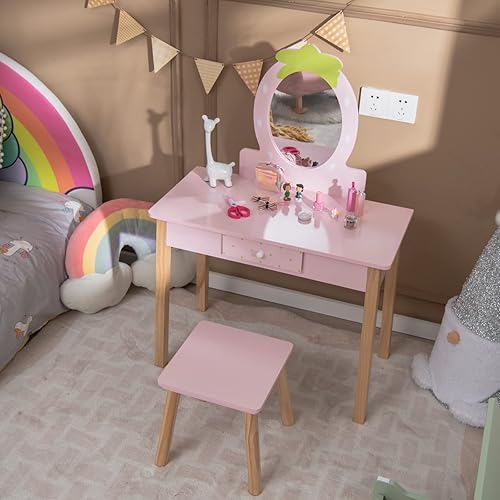Miniatura 7 de HONEY JOY Vanity - Juego de tocador de maquillaje de princesa con temática de fresa para niñas pequeñas, espejo ovalado real, juego de tocador y