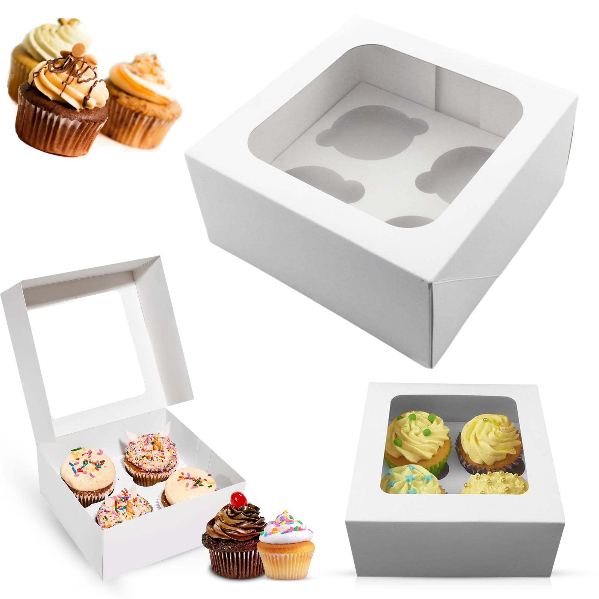 Chef Royale White 5 Cupcake Boxes 4 Holes - Cup Cake Boxes With Clear Window - Rectangular Cupcake Carrier For Muffin Deserts Cupcake Holders For Home Parties, Wedding, Christmas, Cake Shop