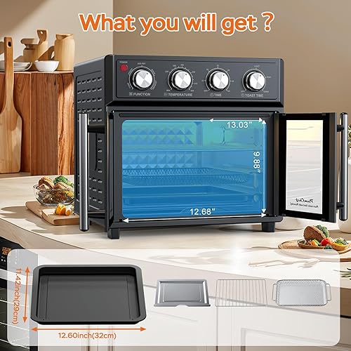 Miniatura 6 de PlumChef - Horno tostador de convección extra grande de 27.5 cuartos de galón, 6 rebanadas, puerta francesa, 1700 W, horno multifunción para