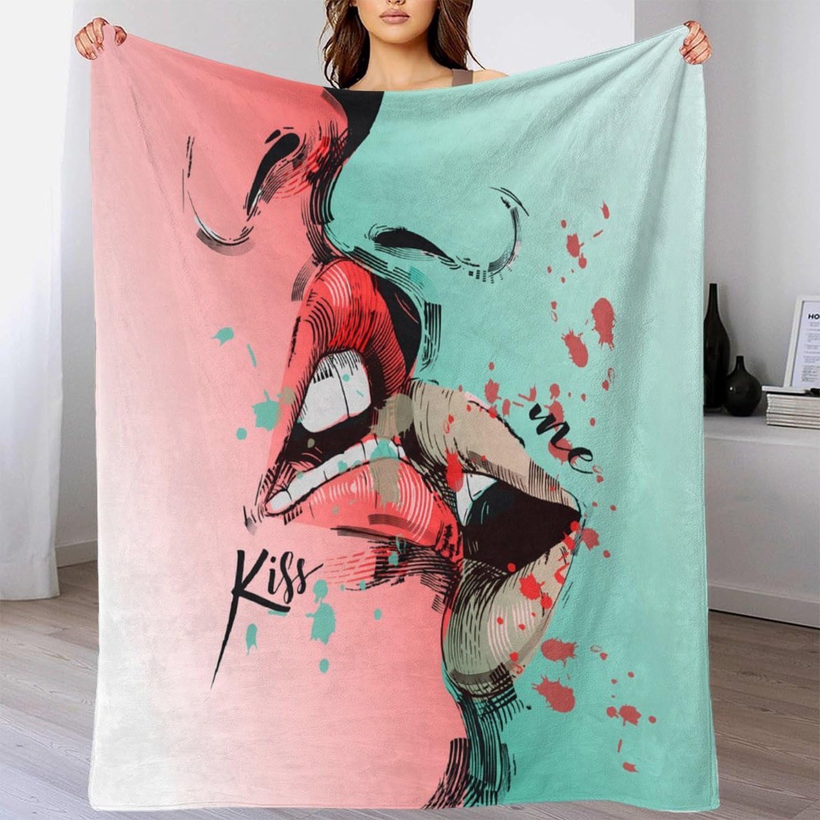 stampa 3D kiss arte coperta da viaggio microfibra biancheria da letto anti-pilling coperta da viaggio compatta per regali per viaggiatori Stylized pop 70×80inch(180x200cm)
